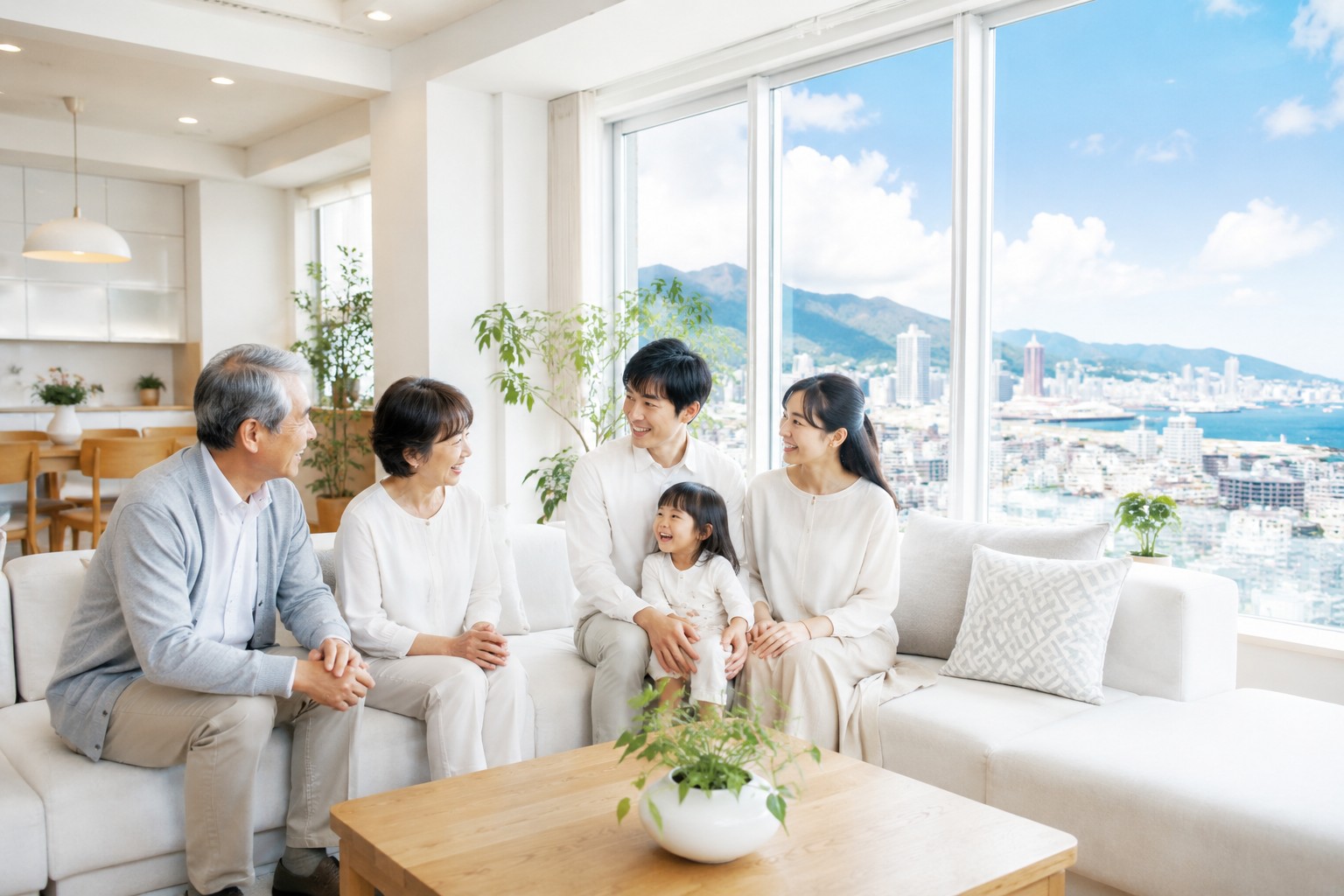 神戸の新居でくつろぐ家族